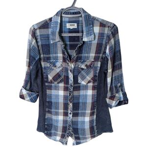 Ci Sono Blue Denim Plaid Shirt W/Ribbed Contrast Size Medium Roll Tab Cuffs
